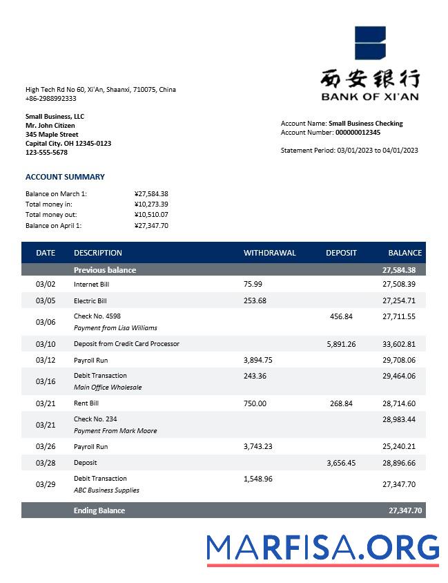 Blank Bank of Xi’An enterprise account statement Word and PDF template
